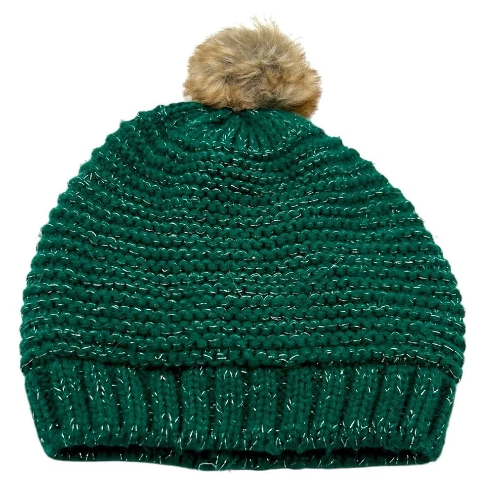 Old Navy Girl's Hunter Green Knit Silver Tinsel Fuzzy Winter Beanie Size Medium‎